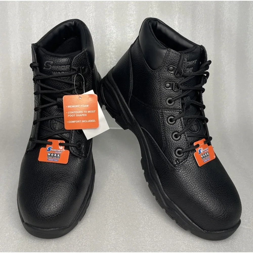 S‎ Sport By Skechers Elton Black Steel Toe Leather Work Boots Men's Size 13 NEW